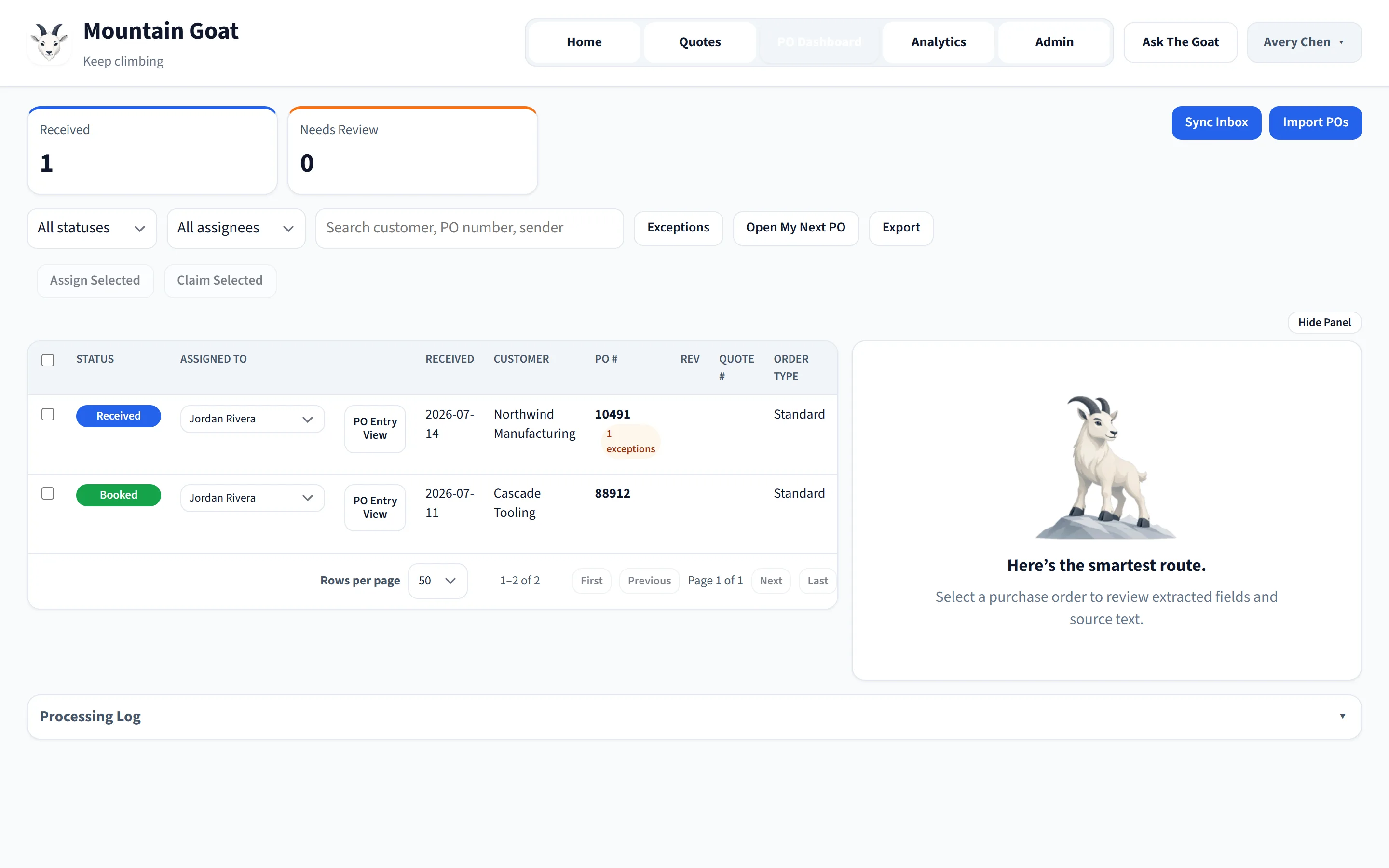 Summit Precision runs its order desk in Mountain Goat. Sync the inbox to check for new POs.